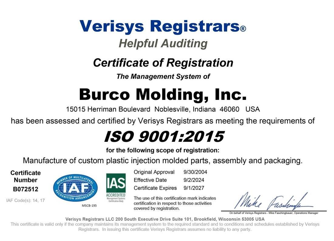 Verisys Registrars certificate of registration: the management system of Burco Molding, Inc., 15015 Herriman Boulevard, Noblesville, meets ISO 9001:2015, certificate B072512